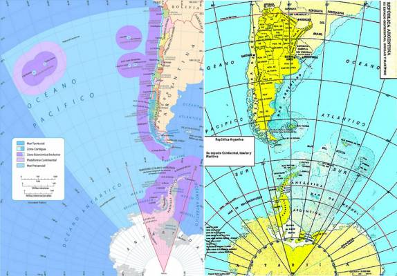 Tanto o Chile (esquerda) como a  Argentina (direita) têm leis que obrigam os mapas a mostrarem suas pretenções territorias sobre a Antártida